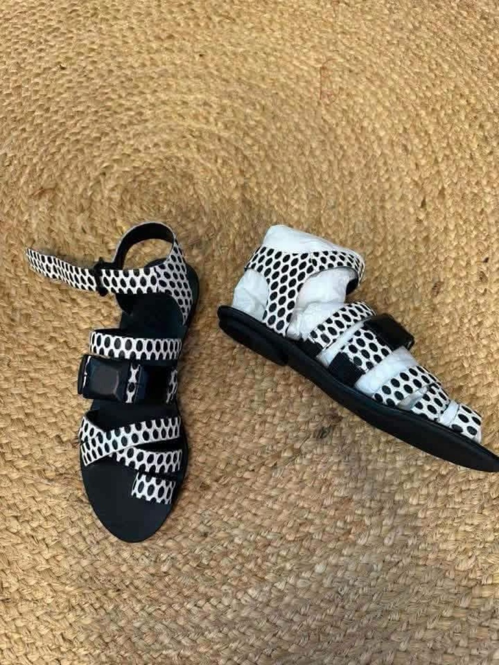 Loeffler Randall Black and White Dot Leather Strappy Sandals